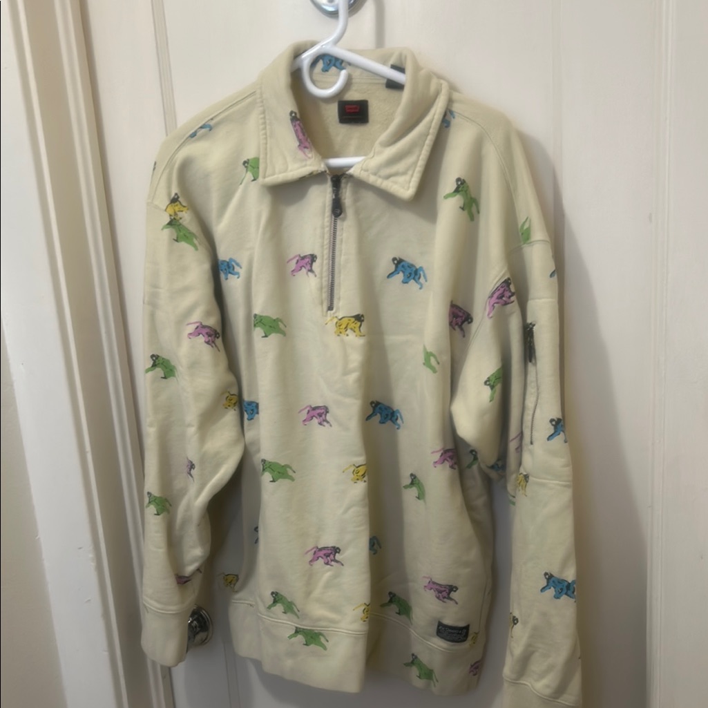 Levis Quarter Zip Monkey Pattern Sweatshirt Unisex Xl Zipper Pocket On Arm